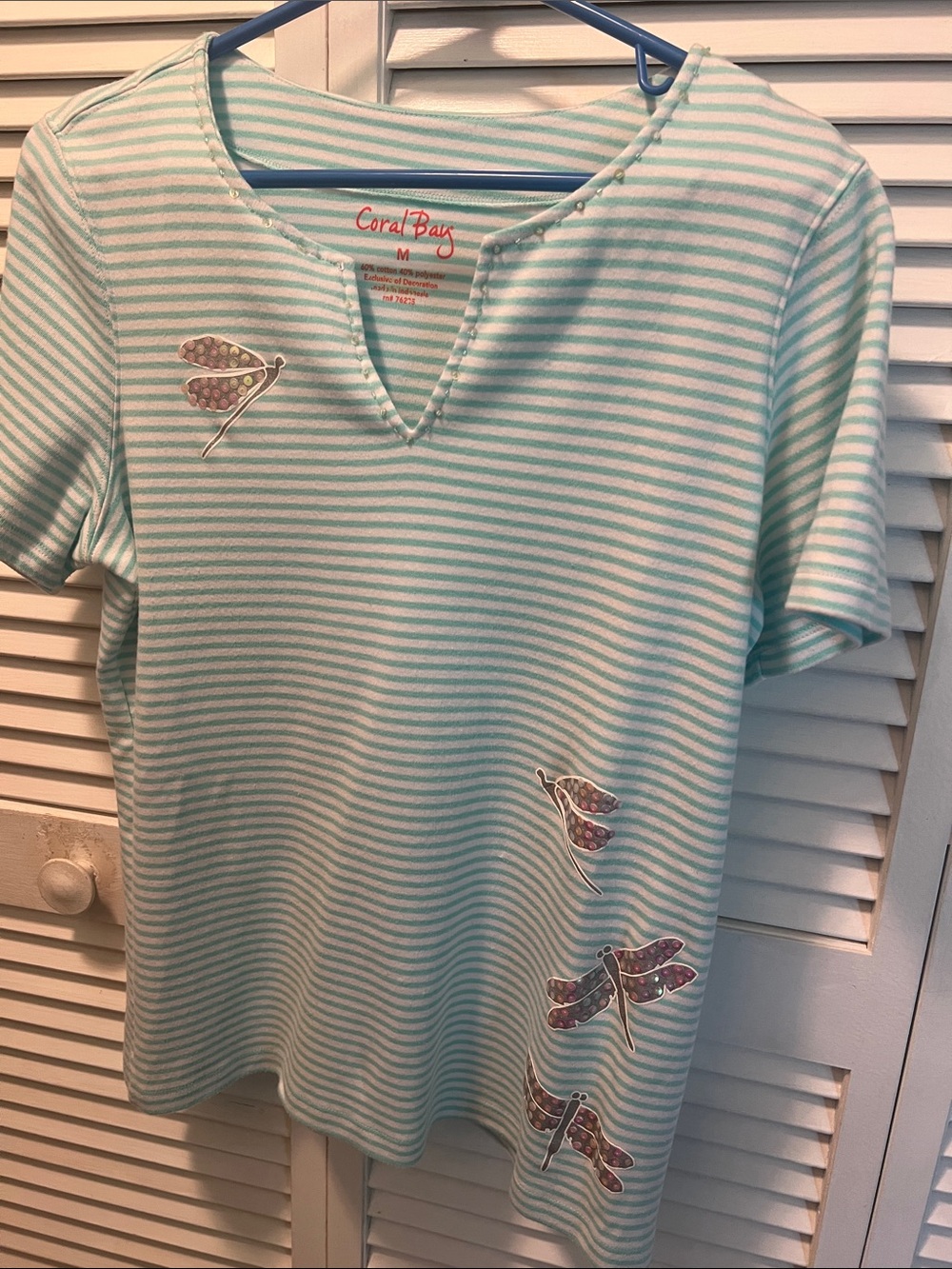 #3225**Coral Bay Mint and White Striped Short Sleeve Tee with Dragonfly Appliqué